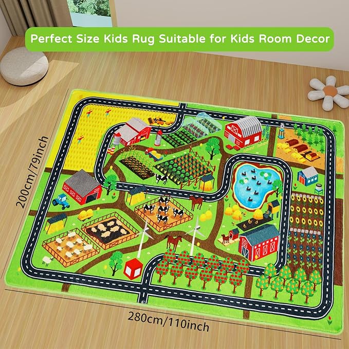 Kids Rug Play Mat for Toy Cars, 110"×78.7" Farm Life Road Traffic for Playroom Kids Car Road Rug Village Map Mat Farm Animals Washable Play Carpet for Toddlers Boys Room Family Tummy Time Playtime