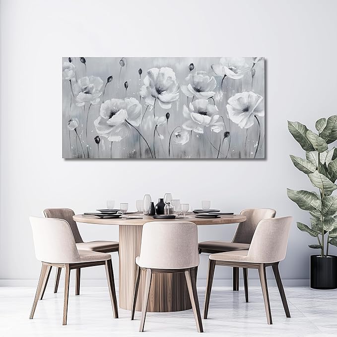 Belmrxne Floral Wall Art Grey and White Wall Decor Aesthetic Canvas Painting Unique Artwork for Living Room Bedroom Dining Room kitchen Office 24x48 Inches
