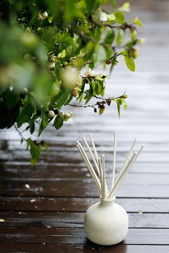 Blueme Happiness Diffuser | Yuzu & Ginger | 5.92 Fl Oz - Refillable Wellness Diffuser, Contains Essential Oil, Sustainable, Hand Finished, Premium, Luxury Ceramic, Natural Rattan Reeds, | Small