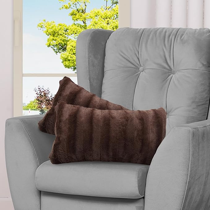 Cheer Collection Faux Fur Throw Pillows - Decorative Pillows for Couch, Bed Throw Pillows, Chocolate Accent Pillows for Bedroom or Living Room Aesthetic, Set of 2 Furry Throw Pillows, 12" x 20"
