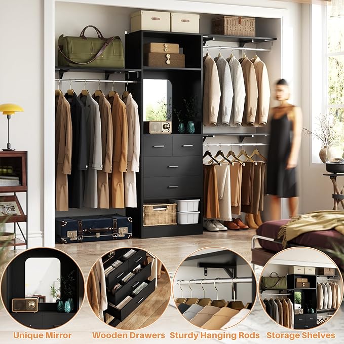 Unikito 8FT Closet System with 4 Drawers, 96" Wood Closet Organizer with Mirror and Hanging Rods, Sturdy Walk in Wardrobe Closet Insert with Tower, 96" W x 16" D x 80" H (Can Be Cut To Fit), Black