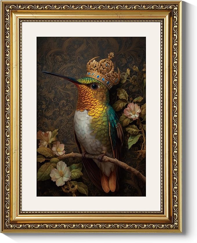 ARPEOTCY Royal Hummingbird Wall Art, Framed Jewel‑Tone Bird Painting Print, Ornate Gold Frame, 11×14 Inch Elegant Nature Décor for Living Room, Bedroom or Entryway