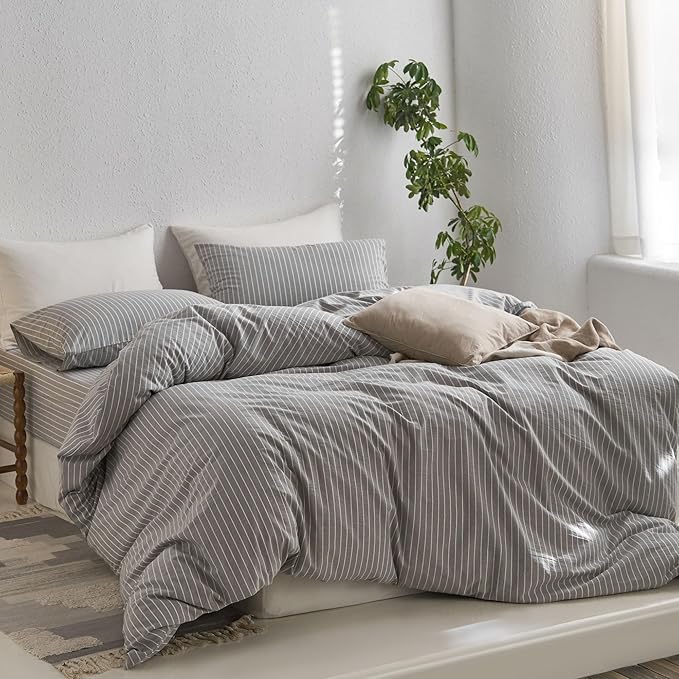 MooMee Striped Duvet Cover Set 100% Washed Cotton Linen Like Textured Breathable Durable Soft Comfy (Light Grey White Wide Stripes, Cal King 104"x98")