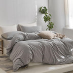 MooMee Striped Duvet Cover Set 100% Washed Cotton Linen Like Textured Breathable Durable Soft Comfy (Light Grey White Wide Stripes, Cal King 104"x98")