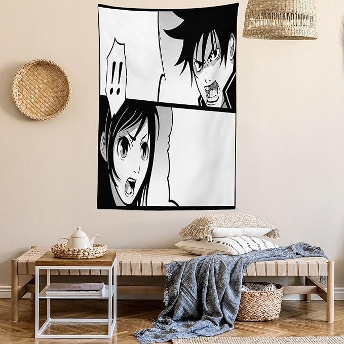 Ambesonne Anime Tapestry, Japanese Comics Strip Boy and Girl Fight Scene Manga Image Cartoon Print, Wall Hanging for Bedroom Living Room Dorm Decor, 40" X 60", Black White Grey
