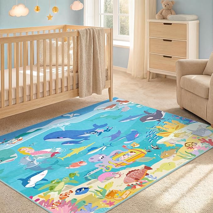 3x5 Small Kids Rug for Bedroom - Washable Soft Ocean Themed Rug for Kids Room, Bathroom and Playroom – Sea Animal Playmat for Children, Toddler, Whale Mermaid & Marine Life Educational Learning Carpet
