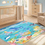 3x5 Small Kids Rug for Bedroom - Washable Soft Ocean Themed Rug for Kids Room, Bathroom and Playroom – Sea Animal Playmat for Children, Toddler, Whale Mermaid & Marine Life Educational Learning Carpet