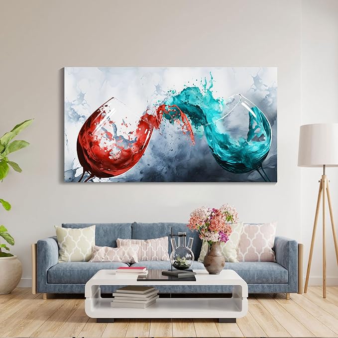Pogusmavi Dining Room Wall Art - Blue & Red Wine Cups Canvas 30x60IN