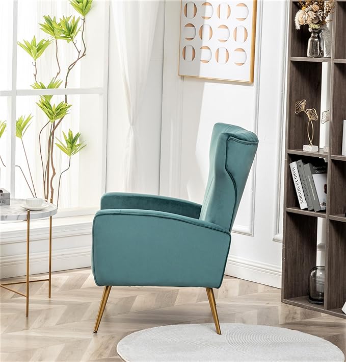 Modern Velvet Accent Chair, Channel Tufted Bedroom, Office or Living Room Furniture with Elegant Metal Legs, 26" Wide Armchair, Teal