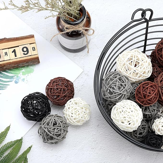 Patelai 72 Pcs Wicker Rattan Balls Decorative Balls for Vase Centerpiece Bowls Orbs Filler for Spring Summer Craft Home Decor, 4 Sizes(White, Dark Gray, Brown, Black)