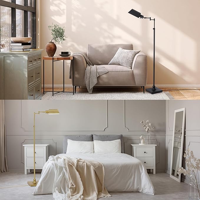 O’Bright Arcadia - Pharmacy Floor Lamp, Full Range Dimming, Swing Arm Task Lamp, E26 Socket, Bulb Replaceable, Adjustable Height 47” to 55”, 360° Rotatable Shade, All-Metal Design, Antique Brass