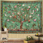 Boho Tree of LIfe Tapestry, Vintage Flower Leaves Birds Plant Animal Pattern Tapestries, Retro Indian Bohemian Aesthetic Wall Hanging Green 36×48 inch