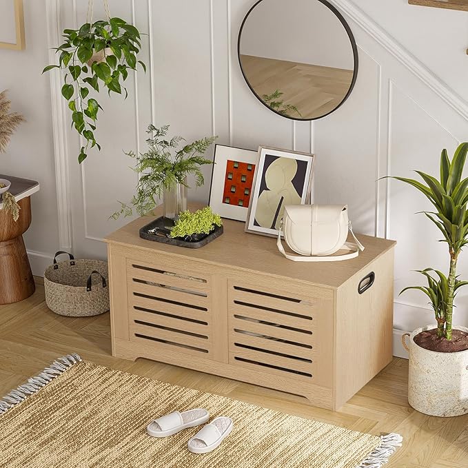 DINZI LVJ Storage Chest, 43.3”Wooden Storage Box with 2 Safety Hinges, Entryway Shoe Bench with Flip-Top, Farmhouse Style Trunk for Living Room, Bedroom, Play Room, Easy Assembly, Natural