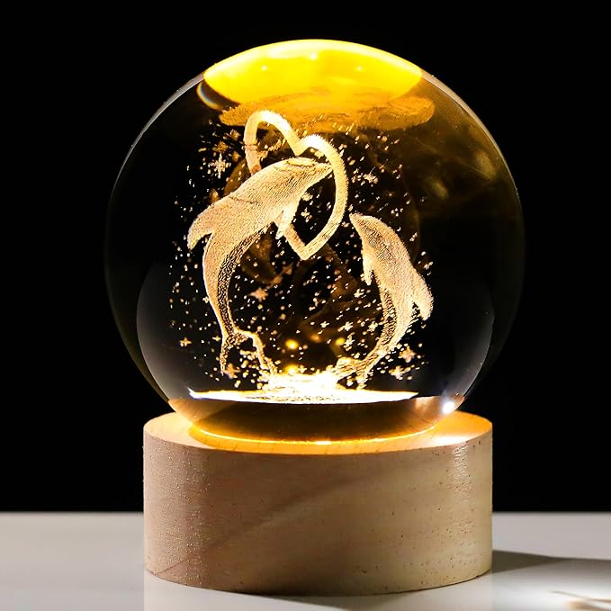 Dolphin Gifts for Women Men 3D Dolphins Crystal Ball with Wooden Light Base Glass Dolphin Statue Lamp Decor for Women Lovers for Christmas Valentines Birthday (Diameter 2.36 inches)
