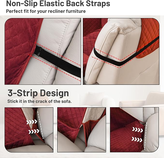 Recliner Sofa Covers 100% Waterproof Velvet L Shape Recliner Couch Covers for Dogs Pets Washable Anti Slip Recliner Slipcovers with Pockets (5 Seat Sofa with 2 Console, Wine Red)