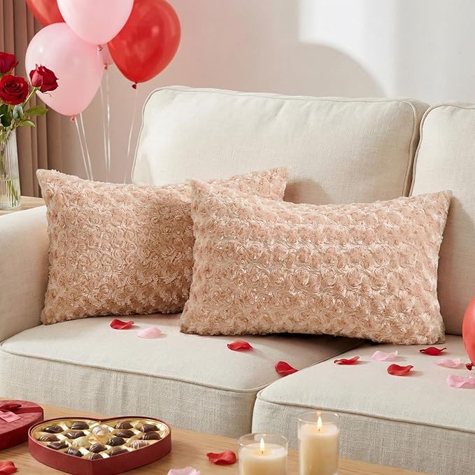 FUTEI Apricot Decorative Throw Pillow Covers 12x20 Inch Set of 2,Soft Solid Rose Swirl Textured Lumbar Pillow Case,Valentine's Day Decor for Couch Living Room