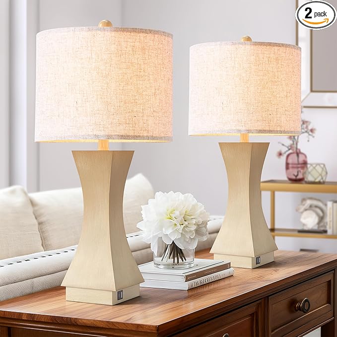24.5" Modern Table Lamp Set of 2, 3-Way Dimmable Bedside Lamps with USB C & A Charging, Farmhouse Resin Nightstand Lamps with Linen Shade for Bedroom, Living Room, Home Office(Beige)