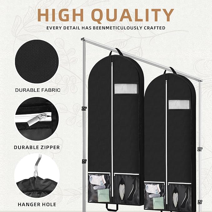 54" Garment Bags for Travel and Storage, Travel Suit Bags for Men Women with 2 Clear Pockets, Storage bags for Clothes, Suits, Dress, Shirts, Coats (Black)