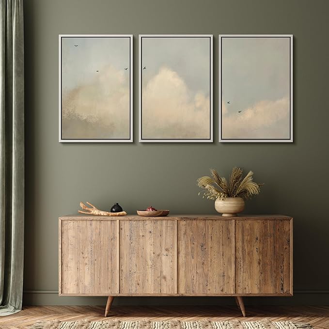 MUDECOR Framed Wall Art Print Set Minimalist Serene Sky with Birds Illustrations Modern Art Boho Decorative Colorful Chic for Living Room, Bedroom, Office - 24"x36"x3 White