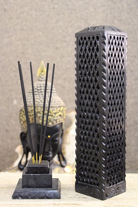 Handmade Soapstone Incense Stick Tower Holder | Marble Incense Stick Tower Burner | Aromatherapy Spa Fragrance Accessory for Home & Office Décor (11 x 3 Inches) (Black)
