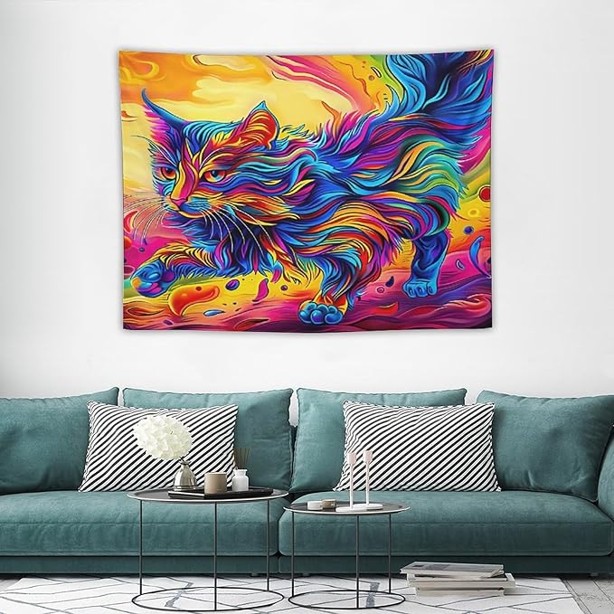 VUMIVI Colorful Cat Tapestry Pet Oil Painting Print Rainbow Colorful Abstract Art Pattern Tapestry Wall Hanging for Living Room Bedroom Dorm Classroom Aesthetic Decor W40xL30in