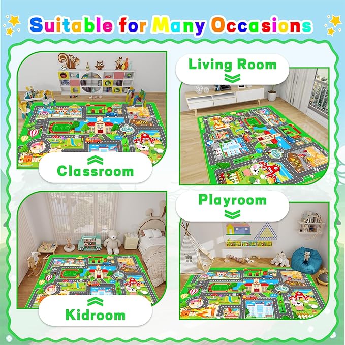 Kids Car Playmat, Kids Rug for Playroom Car Mat Town City Road Traffic Rugs, Play Mat for Floor, Extra Large Boys Kid Car Track Play Rug (Style SIX, 110.2 X 78.7 INCH)