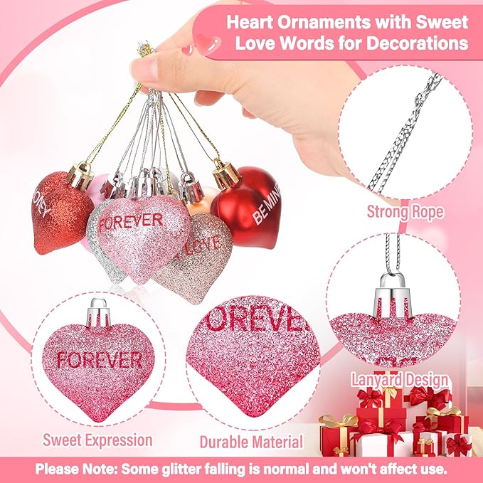 56PCS Valentines Tree Decorations Heart Ornaments, 8 Styles Valentines Day Heart Shaped Ornaments with Sweet Love Words Heart Baubles for Romantic Valentines Tree Decor Wedding Anniversary Decor