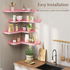 4 Tier Floating Corner Shelves Pink Set of 4, Rustic Pine Wooden Floating Corner Wall Shelf for Wall Décor Storage, L Shaped Corner Shelf Wall Mount for Bedroom, Living Room, Bathroom, Kitchen.