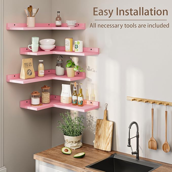 4 Tier Floating Corner Shelves Pink Set of 4, Rustic Pine Wooden Floating Corner Wall Shelf for Wall Décor Storage, L Shaped Corner Shelf Wall Mount for Bedroom, Living Room, Bathroom, Kitchen.
