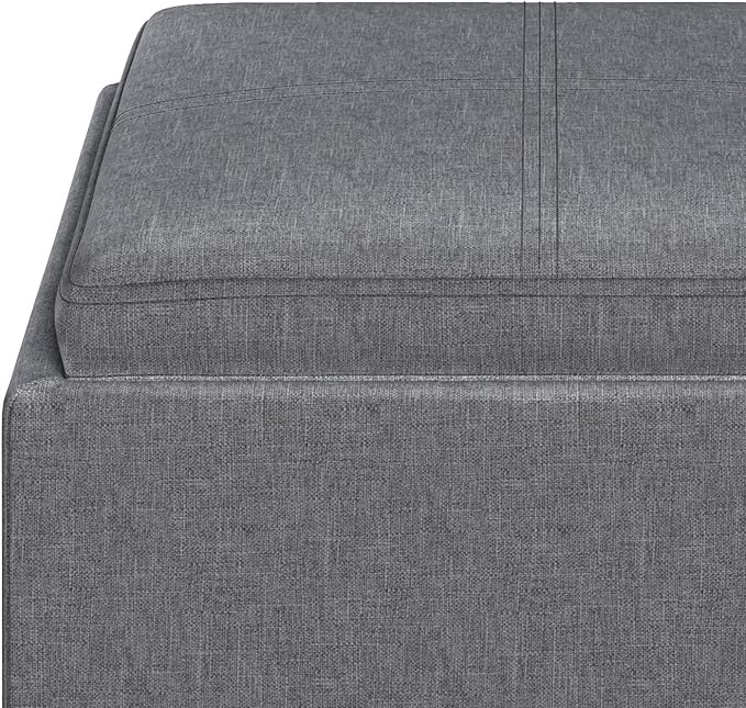 SIMPLIHOME Rockwood Cube Storage Ottoman with Tray - 17 inch Wide Upholstered Linen Look Fabric Square Storage Ottoman in Slate Grey, Contemporary Cube Ottoman for Living Room with Serving Tray