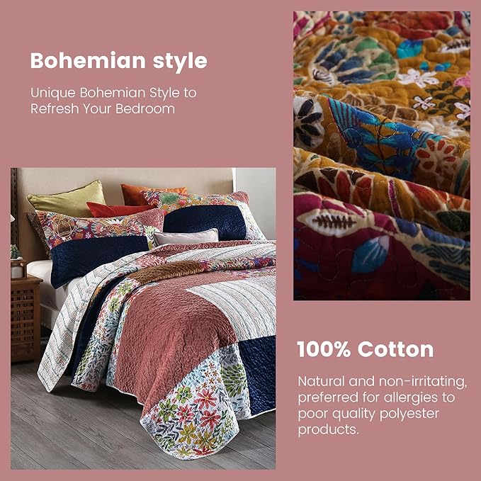 Secgo King Size Comforter Set- 100% Cotton Quilt King Size Set, Green, Sage bedspreads (96 * 108 Inch) with 2 Pillow Shams, Patchwork Reversible Lightweight Bedding