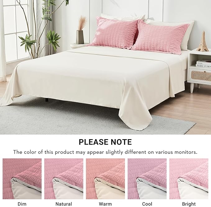 HYMOKEGE Pink/Ivory King Size Comforter Set Seersucker 7 Pieces, All Season Luxury Bed in a Bag for Bedroom, Bedding Set with Comforter, Sheets, Pillowcases & Shams