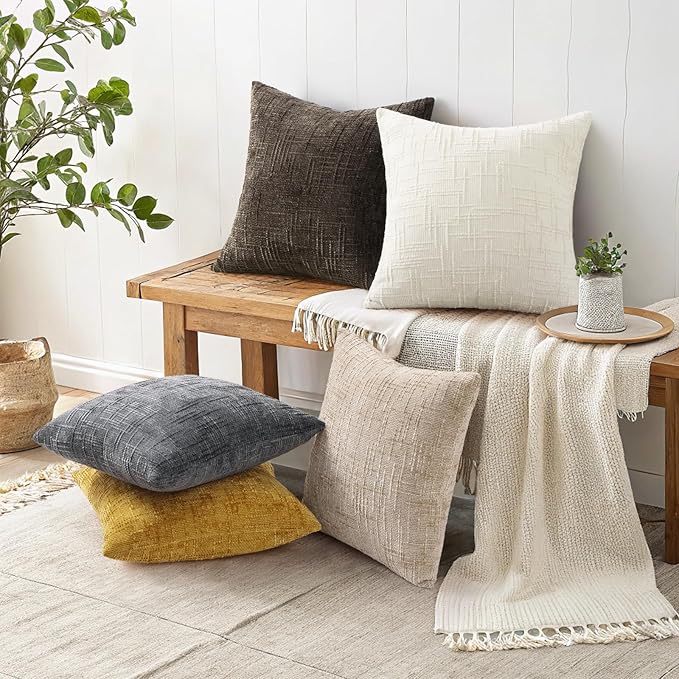 decorUhome Spring Mustard Yellow Chenille Throw Pillow Covers 16x16 Set of 2 Textured Soft Cozy Slubby Couch Pillow Covers Modern Farmhouse Boho Decorative Pillow Cases for Bed Sofa Living Room