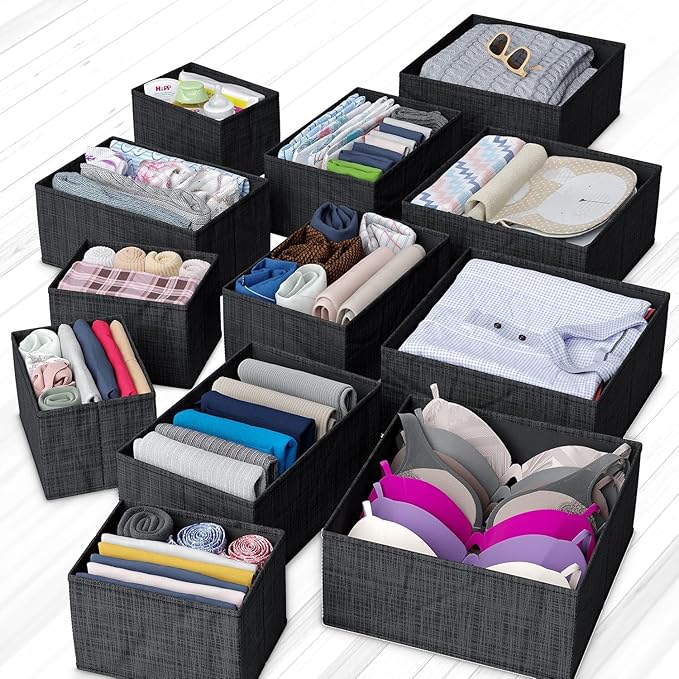 NEATERIZE Drawer Organizer Clothes Set of 12 Black - Dresser Organizer For Nursery, Bedroom, Closet