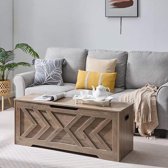 47.2” Storage Bench,Extra Large Wooden Storage Chest with 2 Safety Hinges,entryway Bench,Blanket Storage,Shoe Storage Bench for Entryway,Bedroom,Living Room,Easy Assembly.-Greige