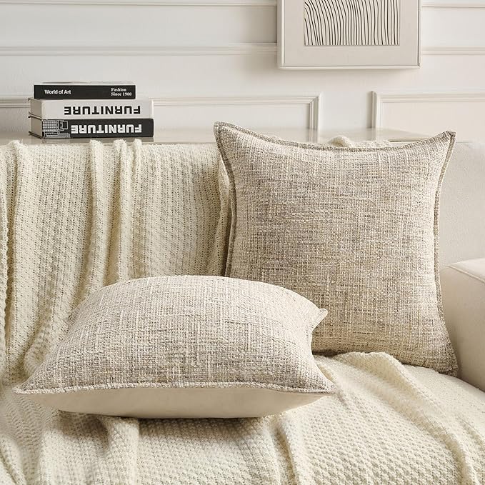 FUTEI Beige Decorative Throw Pillow Covers 18x18 Inch Set of 2,Soft Chenille Tweed Textured Cushion Case,Modern Home Decor for Couch Bed Living Room