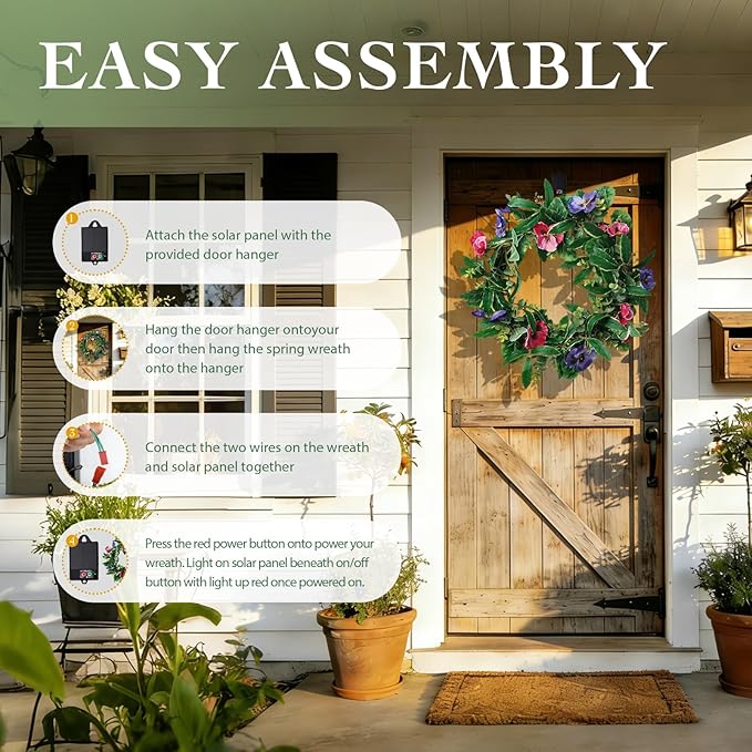 Solar Spring Wreath for Front Door 18inch 30LED Pre-lit Wreaths Spring Summer Decor Artificial Pansy Wreath for Outside Wall Home Decor Festival Farmhouse Decor