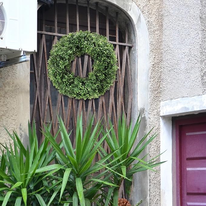 24" Spring Wreath for Front Door, Artificial Boxwood Wreaths, Summer Door Wreath, Used for Spring Home Decor,Farmhouse or Room Indoors,Outdoors, corridors, Offices (Green)