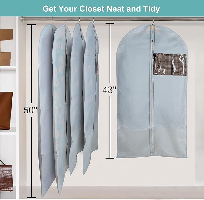 50" Dress Bag with Clear Window - Clothes Cover for Hanging - Foldable Long Garment Bags for Travel and Storage - 24'' x 50''/4 Pack