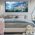 JEAWA Large Framed Canvas Painting - 24x48 IN Landscape Wall Decor Ready to Hang, Gray Blue Town Picture, Lights of Thousands homes Art Prints for Bedroom Living Room Home Decoration