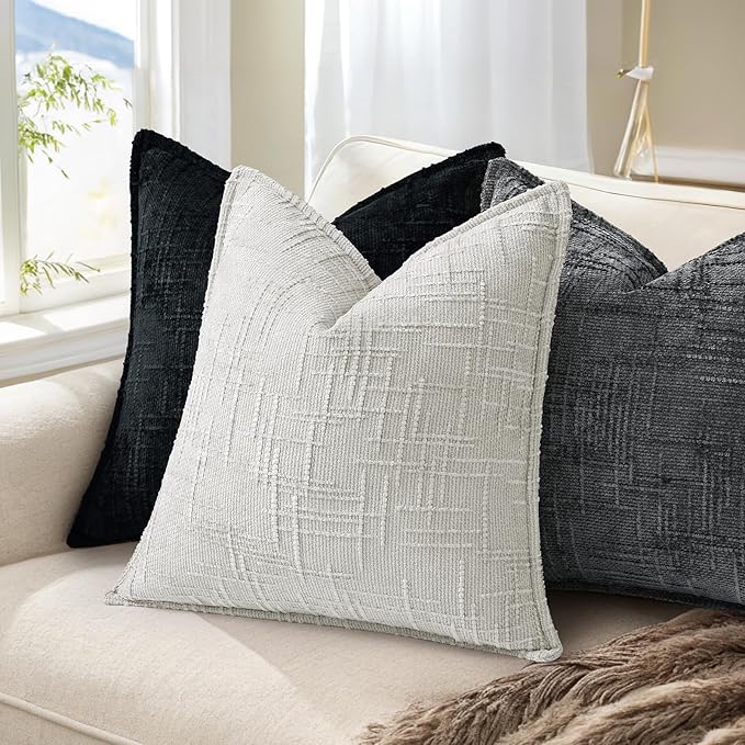decorUhome Chenille Throw Pillow Covers 16x16 Set of 2, Thick Textured Slubby Neutral Decorative Pillow Covers with Elegant Design for Couch, Sofa, Living Room, Dark Grey
