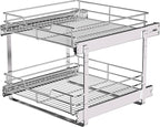 2-Tier Pull Out Cabinet Organizer (17" W x 22" D), Pull Out Shelves and Drawer for Kitchen Pantry Storage Basket, Heavy-Duty Metal Sliding Shelf, Chrome Finish