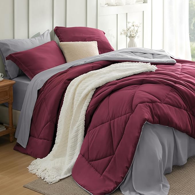 Bedsure Twin Comforter Set - 5 Pieces Reversible Burgundy Bedding, Twin Size Bed Set for All Seasons, Bed in a Bag with Down Alternative Comforter, Sheets, Pillowcase & Sham