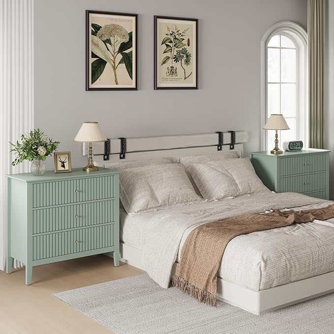 Large Sage Green 3 Drawer Dresser, Painted 30 Inch Tall Wood Nightstand with Storage, Wide Modern Chest of Drawers with Ball Bearing Slide for Bedroom Hallway Living Room Entryway Office