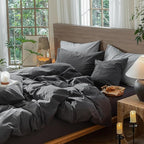 MooMee Wavy Striped Duvet Cover Set 100% Washed Cotton Linen Like Textured Breathable Durable Soft Comfy (Charocal Grey, Full 80"x90")