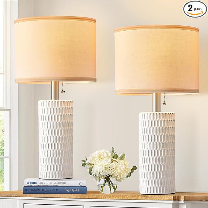 20" Small Bedside Table Lamps for Bedroom Set of 2, Modern Lamps for Night Stands, Farmhouse Table Lamps for Living Room, Home Office and Hallways,White