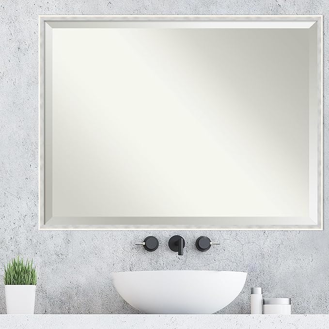 Amanti Art White Wall Mirror 31x41 Paige White Silver Rectangle Bathroom Mirror for Wall Decor Living Room, X-Large Modern Wood Frame, Hangs Horizonally and Vertically, Bathroom Decor, Beveled Edge