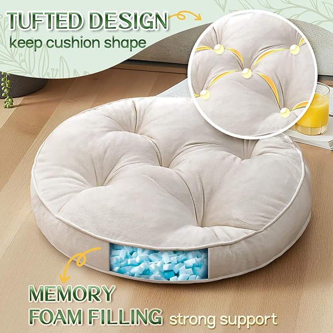 Floor Pillow Set of 2, Memory Foam Meditation Cushion, Floor Cushions for Adults Sitting, Large Round Seat Cushions for Yoga, Living Room, 20x20 Inch (Round | Off-White)