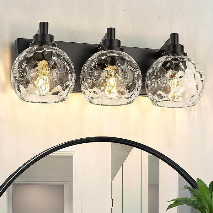 Bathroom Light Fixtures Over Mirror, 3-Light Matte Black Vanity Light with Clear Hammered Glass Globe Shade, Modern Sconces Wall Lighting for Bedroom Hallway, VL200-MB-3