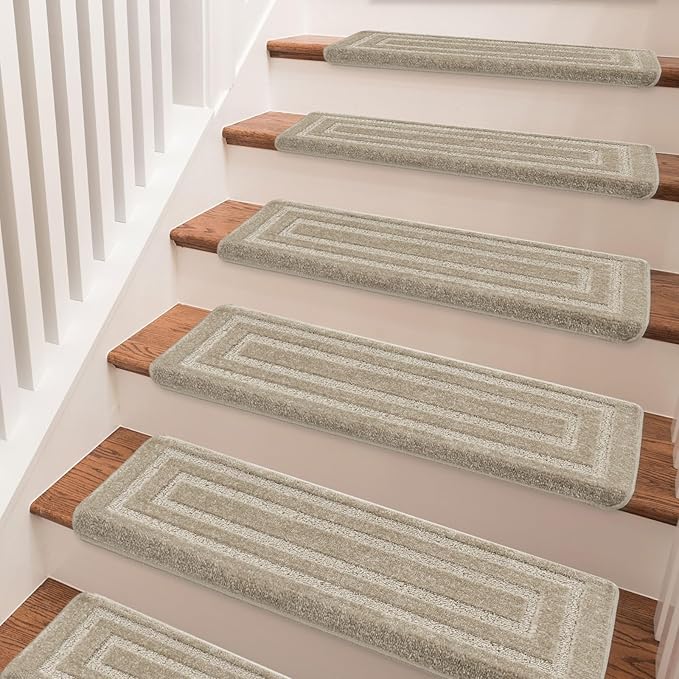 PURE ERA Bullnose Carpet Stair Treads Set Tape Free Non-Slip Indoor Stair Protectors Pet Friendly Rugs 9.5" x 30"(2 Pieces,Cream Gray Rectangular)